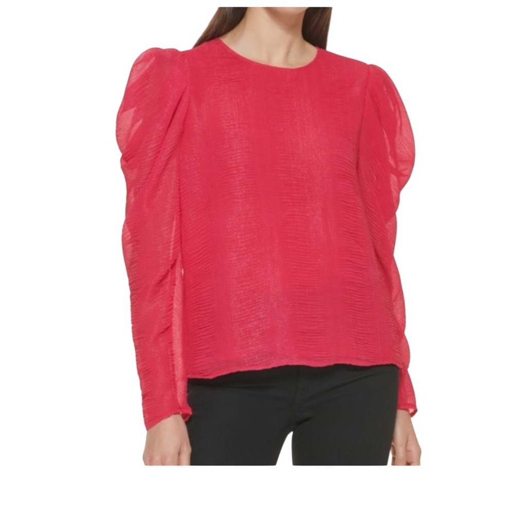 Calvin Klein Women‎ Pink Textured Puff Sleeve Sheer Blouse Shirt Top Size L